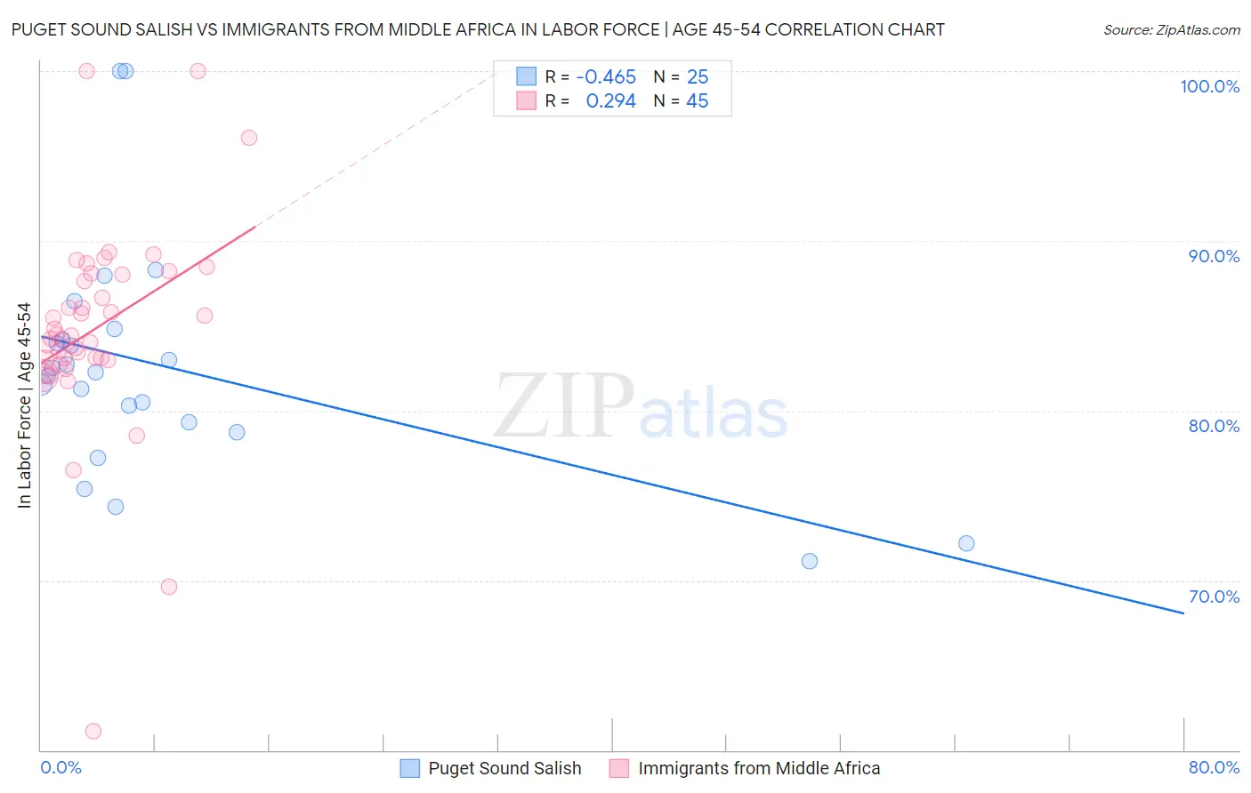 Puget Sound Salish vs Immigrants from Middle Africa In Labor Force | Age 45-54