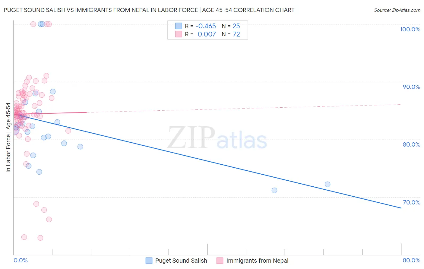 Puget Sound Salish vs Immigrants from Nepal In Labor Force | Age 45-54