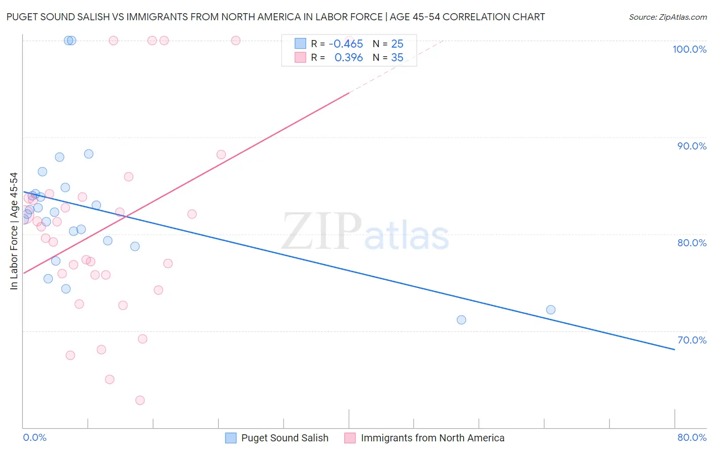 Puget Sound Salish vs Immigrants from North America In Labor Force | Age 45-54