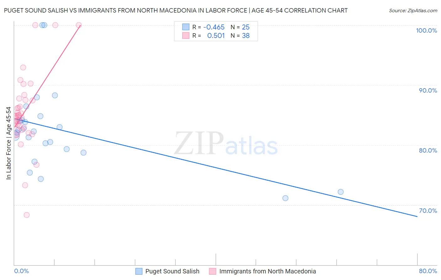 Puget Sound Salish vs Immigrants from North Macedonia In Labor Force | Age 45-54