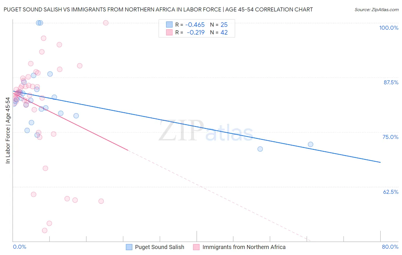 Puget Sound Salish vs Immigrants from Northern Africa In Labor Force | Age 45-54