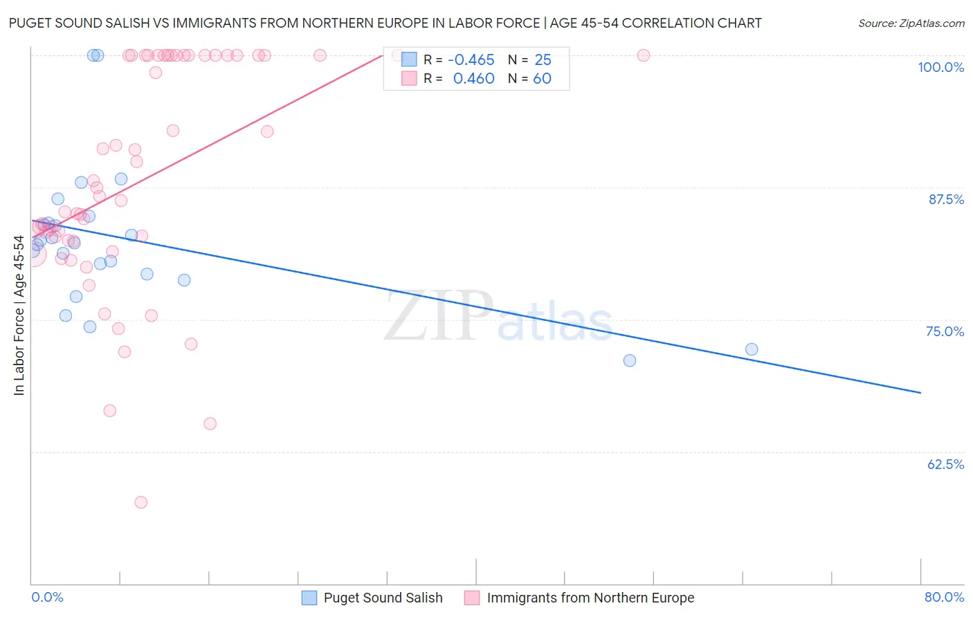 Puget Sound Salish vs Immigrants from Northern Europe In Labor Force | Age 45-54