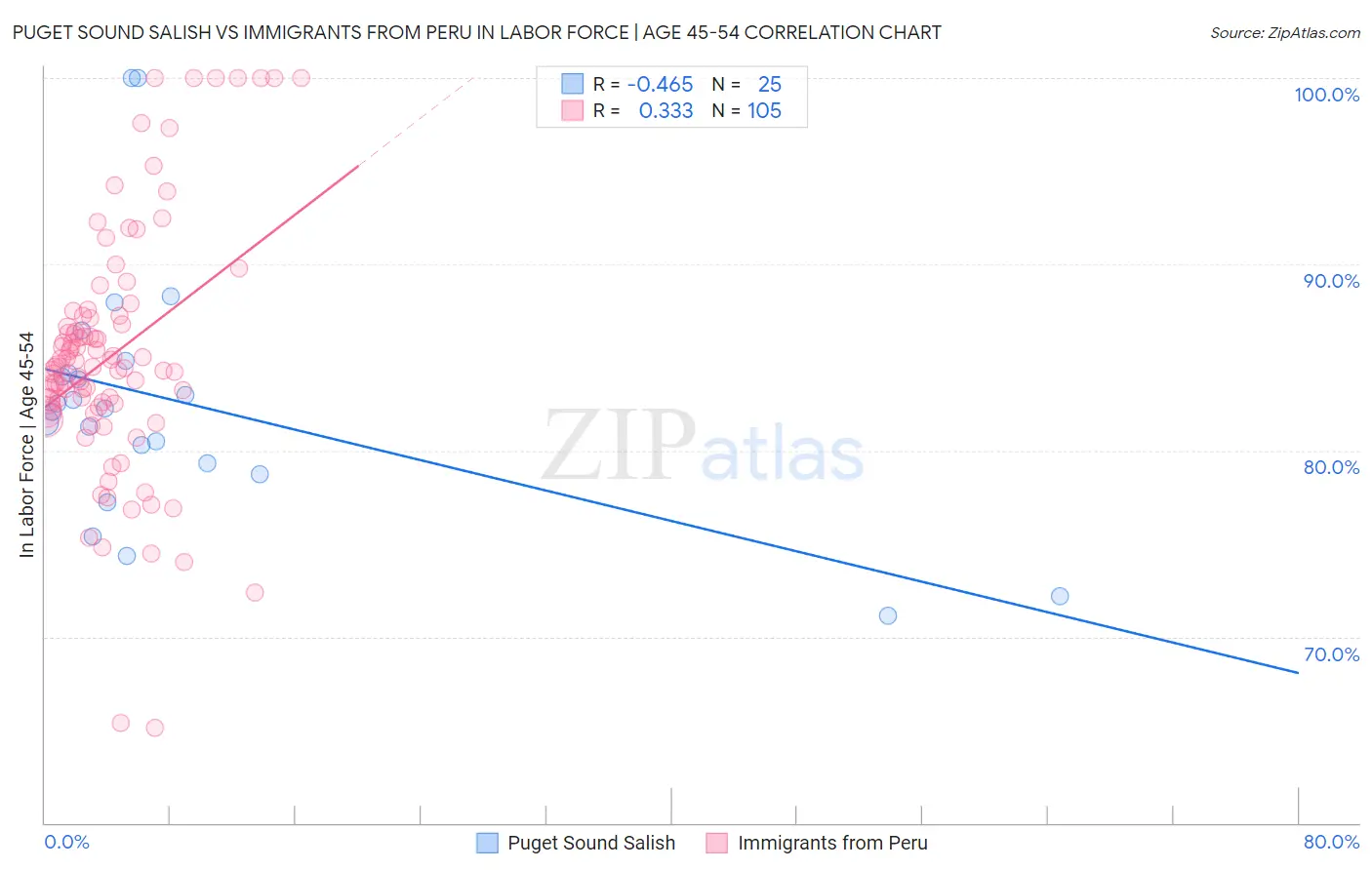 Puget Sound Salish vs Immigrants from Peru In Labor Force | Age 45-54