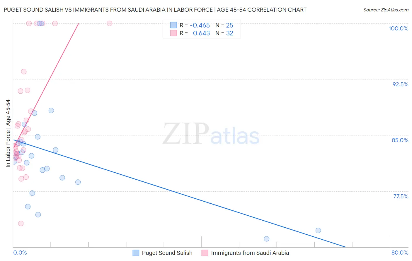 Puget Sound Salish vs Immigrants from Saudi Arabia In Labor Force | Age 45-54
