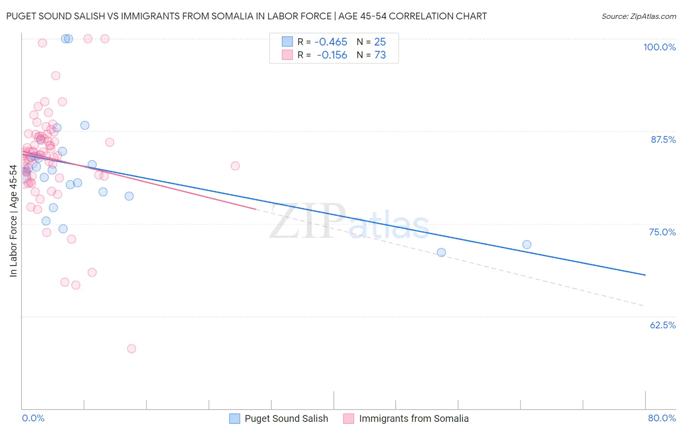 Puget Sound Salish vs Immigrants from Somalia In Labor Force | Age 45-54