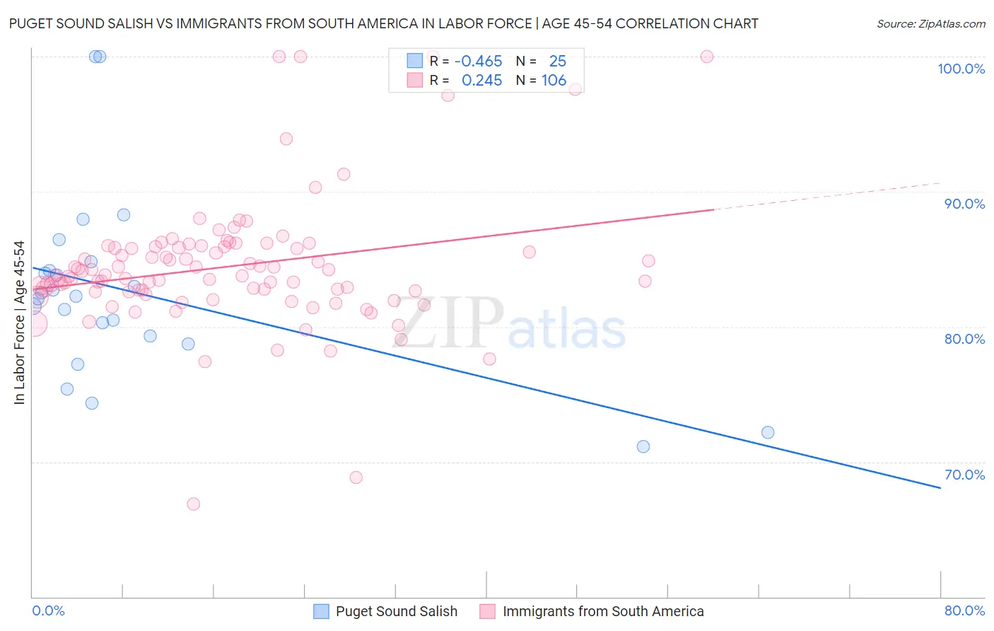 Puget Sound Salish vs Immigrants from South America In Labor Force | Age 45-54