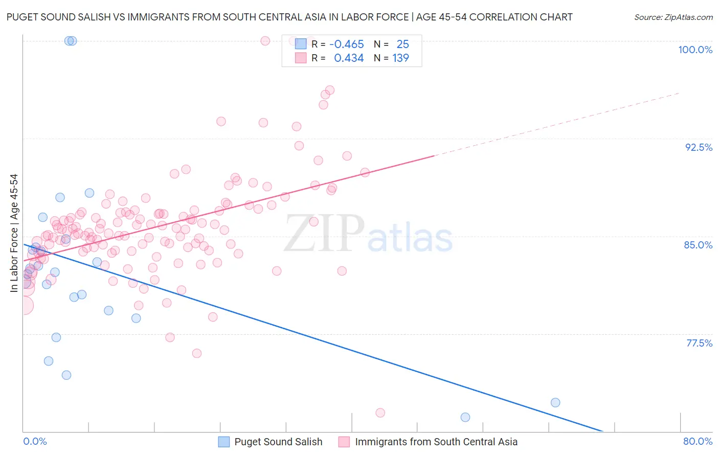 Puget Sound Salish vs Immigrants from South Central Asia In Labor Force | Age 45-54