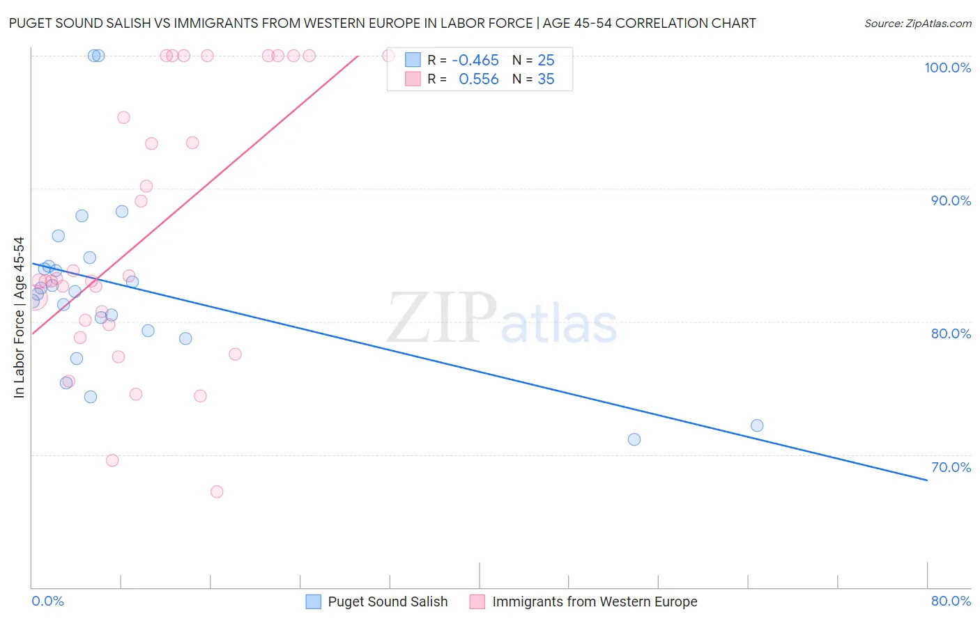 Puget Sound Salish vs Immigrants from Western Europe In Labor Force | Age 45-54