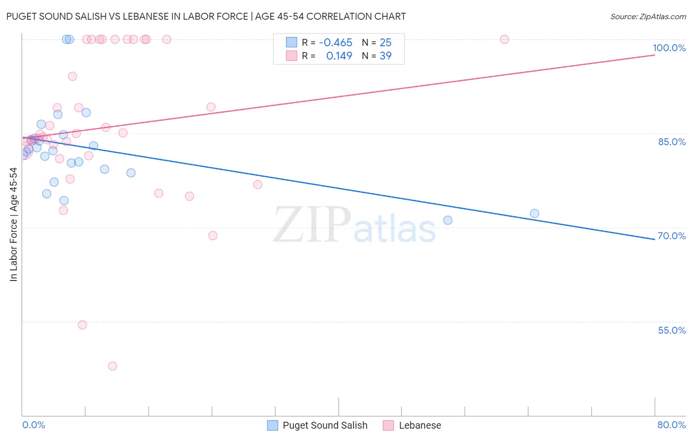 Puget Sound Salish vs Lebanese In Labor Force | Age 45-54