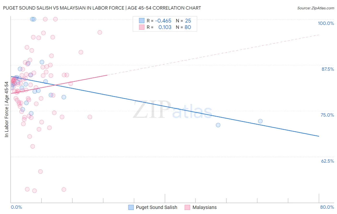 Puget Sound Salish vs Malaysian In Labor Force | Age 45-54