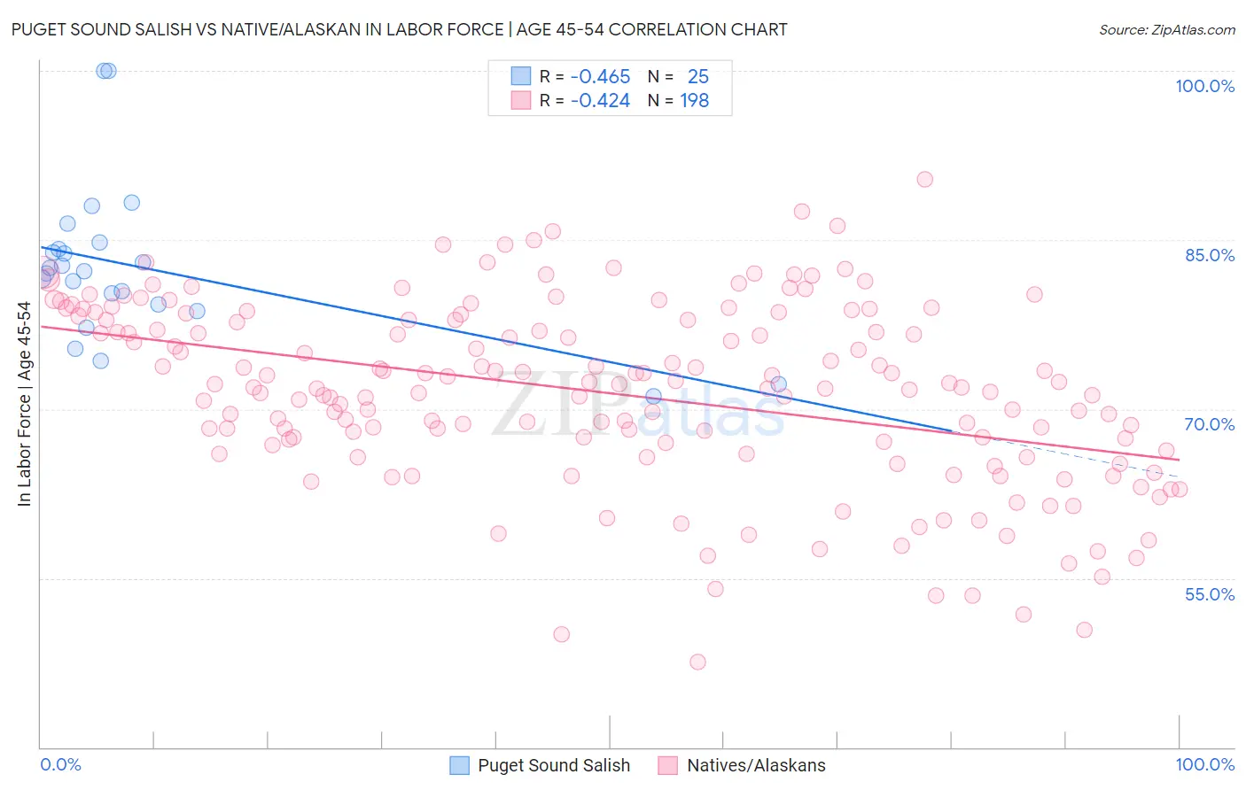 Puget Sound Salish vs Native/Alaskan In Labor Force | Age 45-54