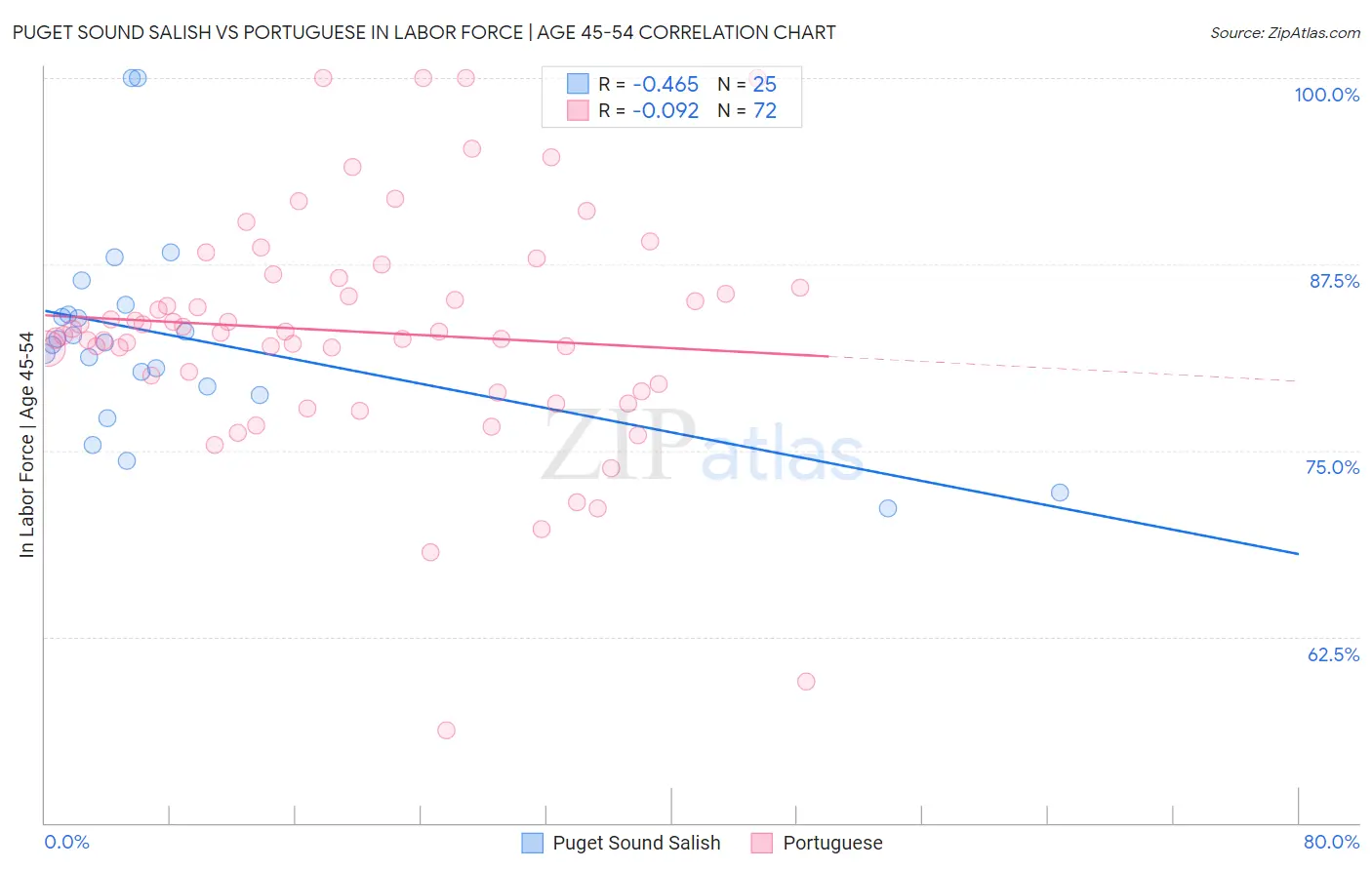 Puget Sound Salish vs Portuguese In Labor Force | Age 45-54