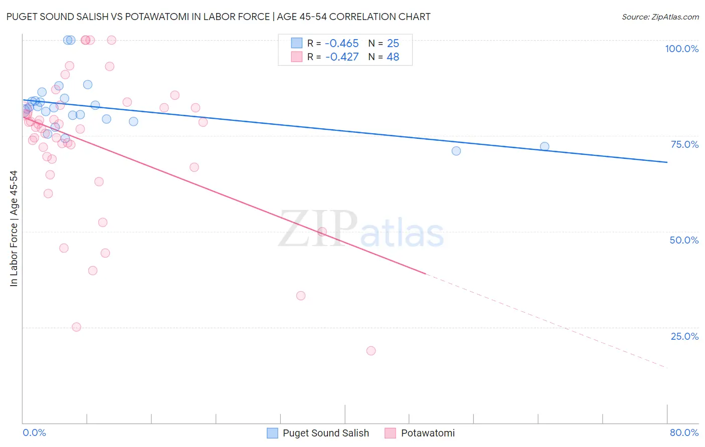 Puget Sound Salish vs Potawatomi In Labor Force | Age 45-54