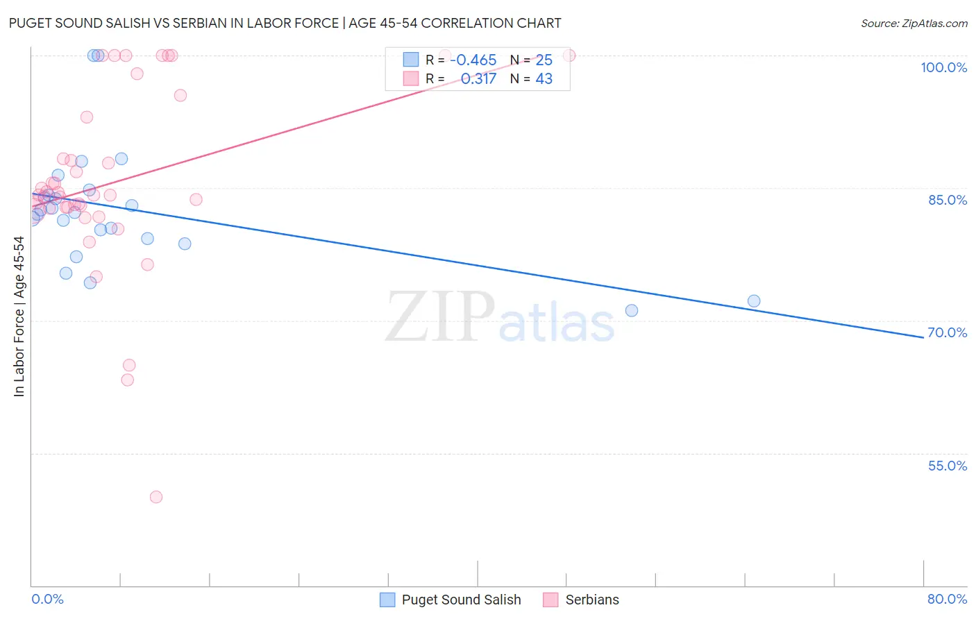 Puget Sound Salish vs Serbian In Labor Force | Age 45-54