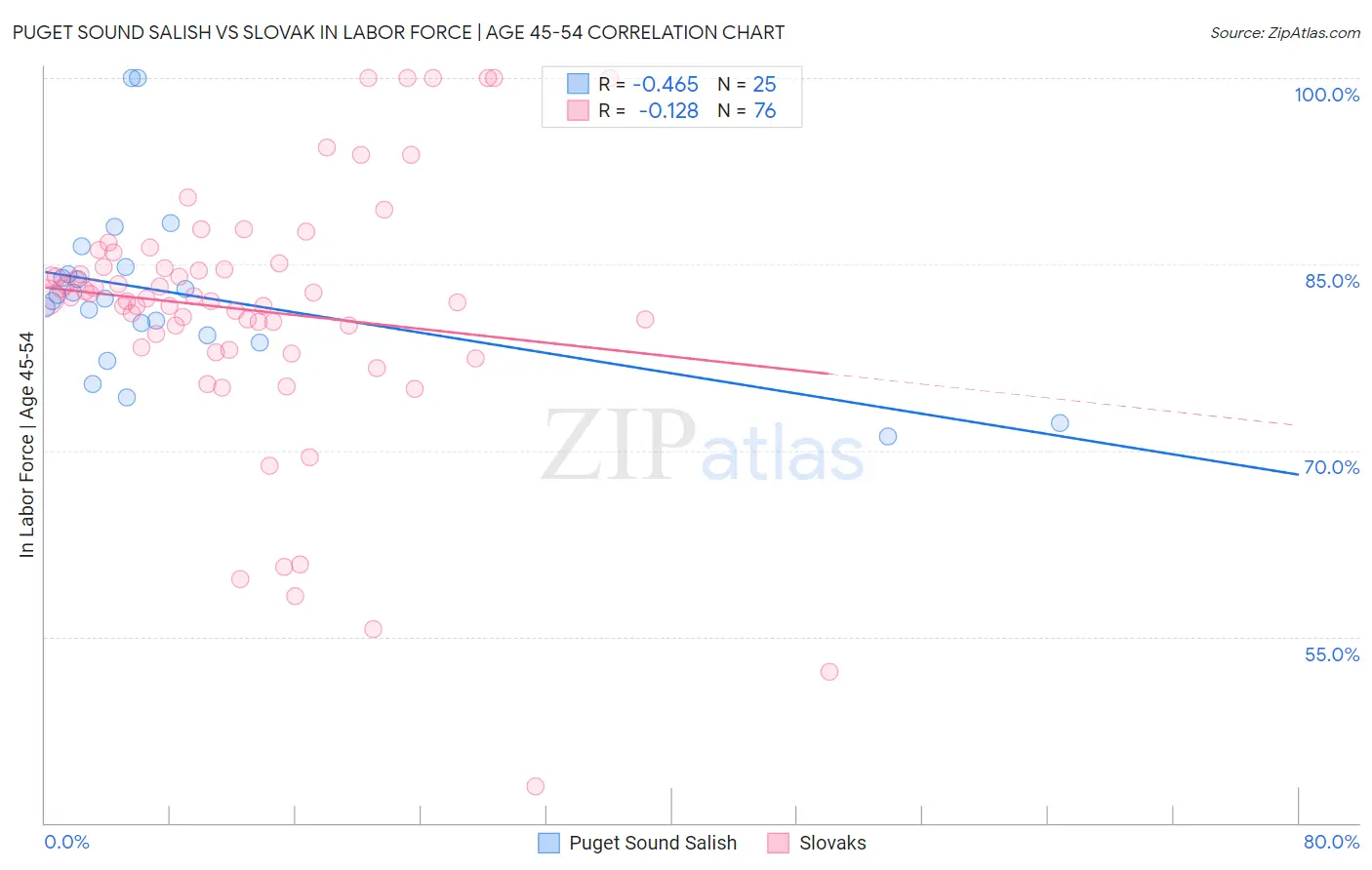 Puget Sound Salish vs Slovak In Labor Force | Age 45-54