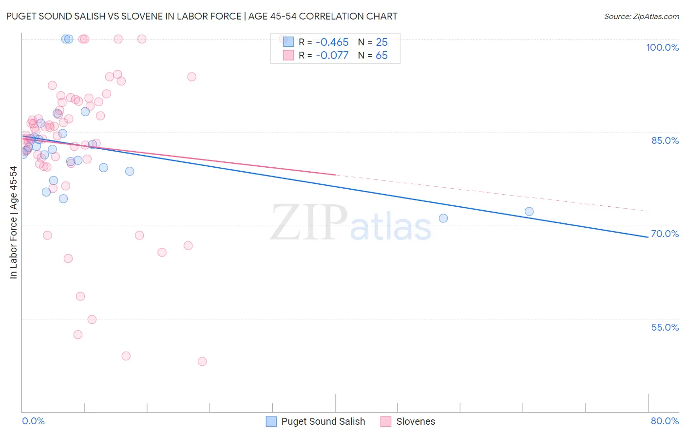 Puget Sound Salish vs Slovene In Labor Force | Age 45-54