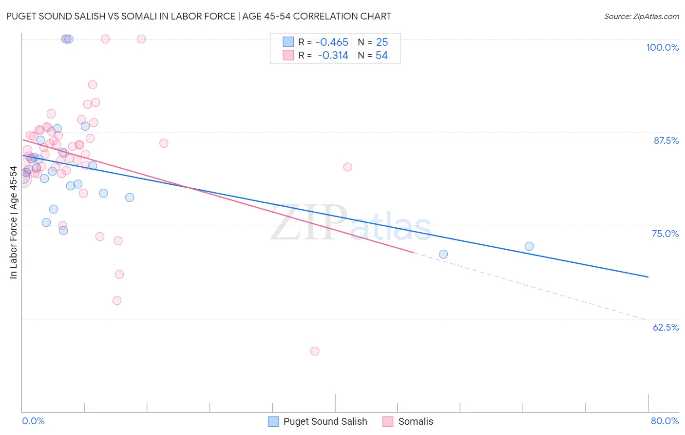 Puget Sound Salish vs Somali In Labor Force | Age 45-54