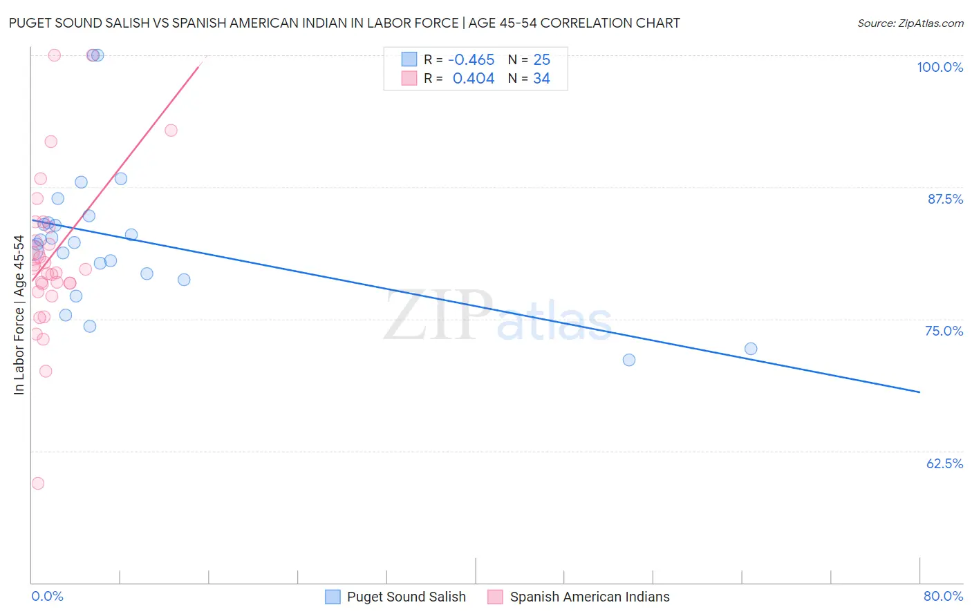 Puget Sound Salish vs Spanish American Indian In Labor Force | Age 45-54