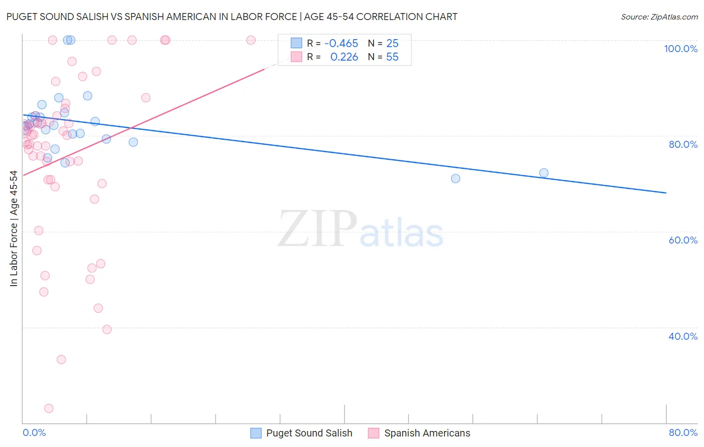 Puget Sound Salish vs Spanish American In Labor Force | Age 45-54