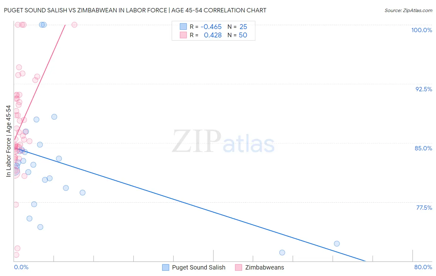 Puget Sound Salish vs Zimbabwean In Labor Force | Age 45-54