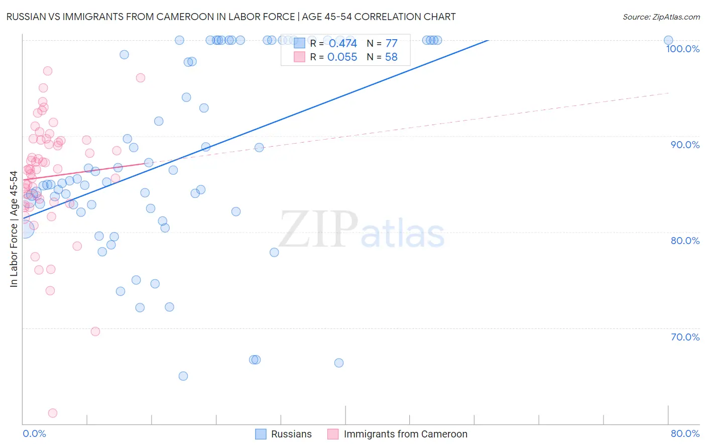 Russian vs Immigrants from Cameroon In Labor Force | Age 45-54