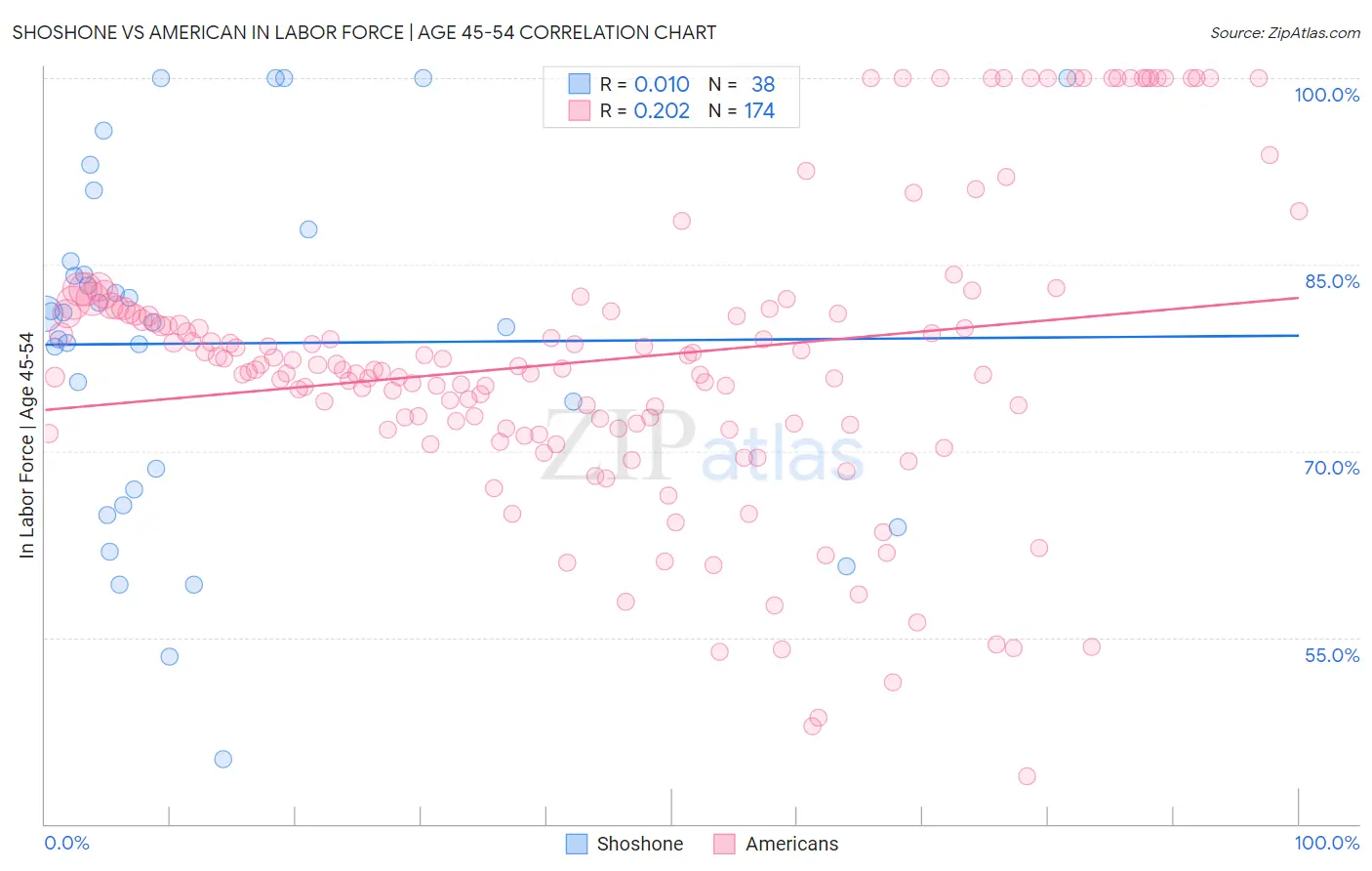 Shoshone vs American In Labor Force | Age 45-54