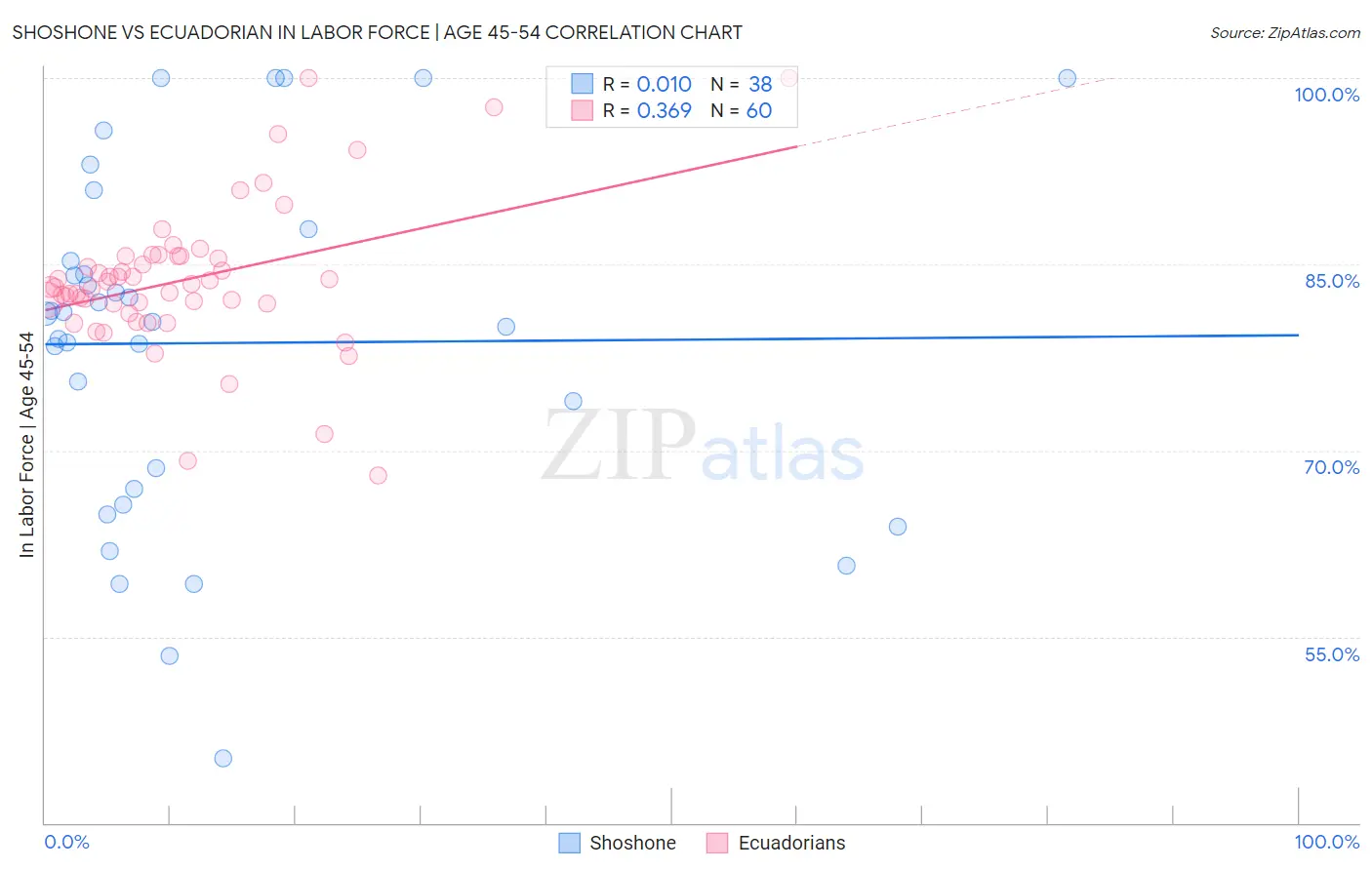 Shoshone vs Ecuadorian In Labor Force | Age 45-54