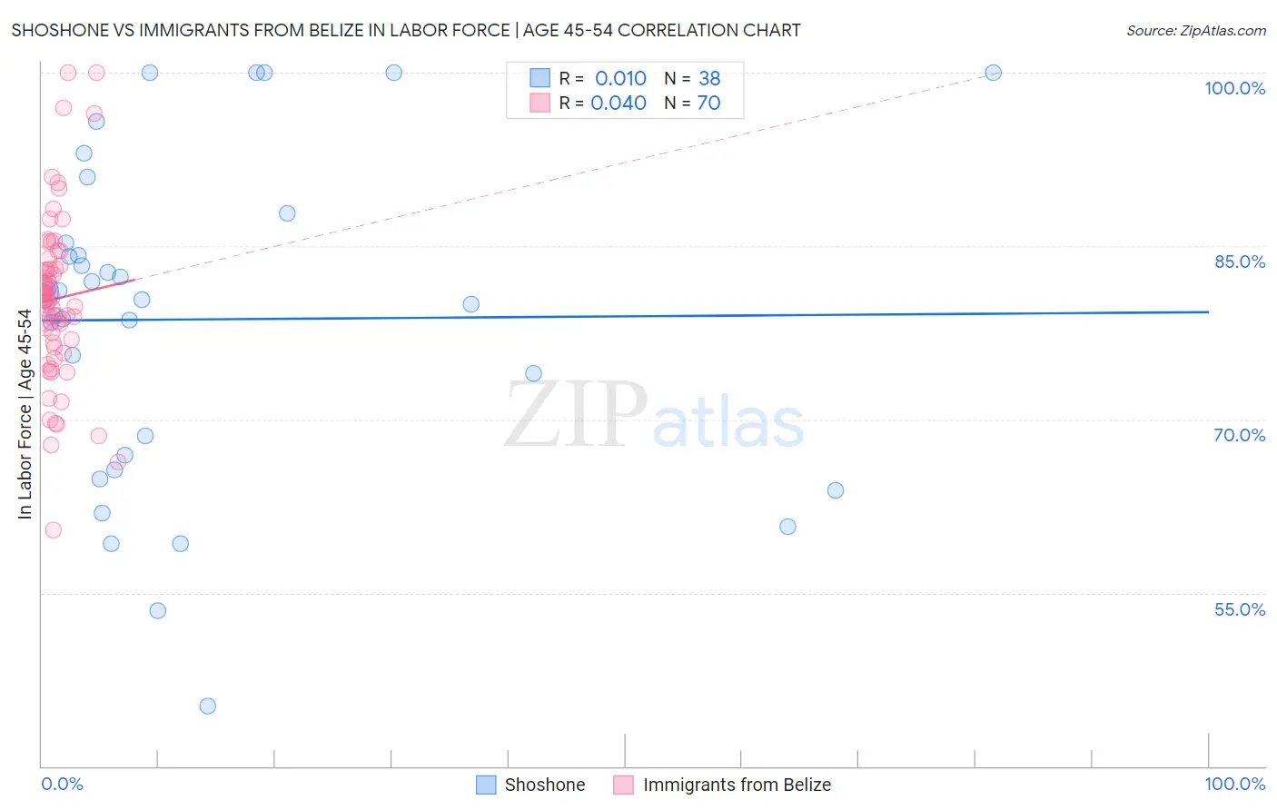 Shoshone vs Immigrants from Belize In Labor Force | Age 45-54