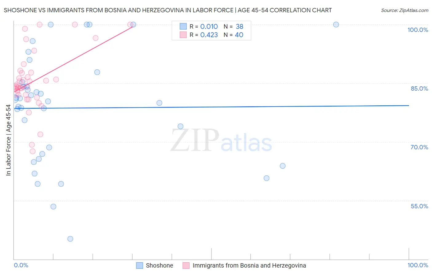 Shoshone vs Immigrants from Bosnia and Herzegovina In Labor Force | Age 45-54