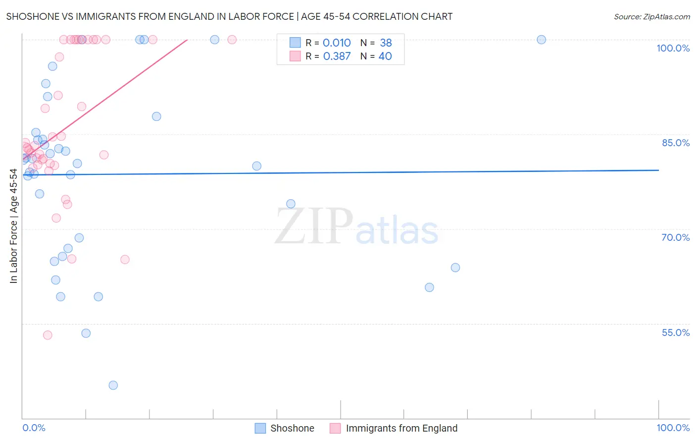Shoshone vs Immigrants from England In Labor Force | Age 45-54