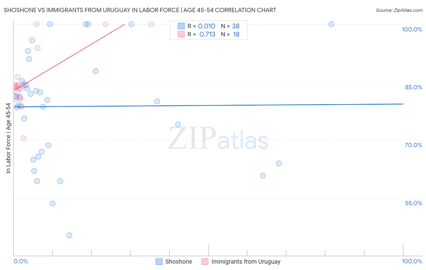 Shoshone vs Immigrants from Uruguay In Labor Force | Age 45-54