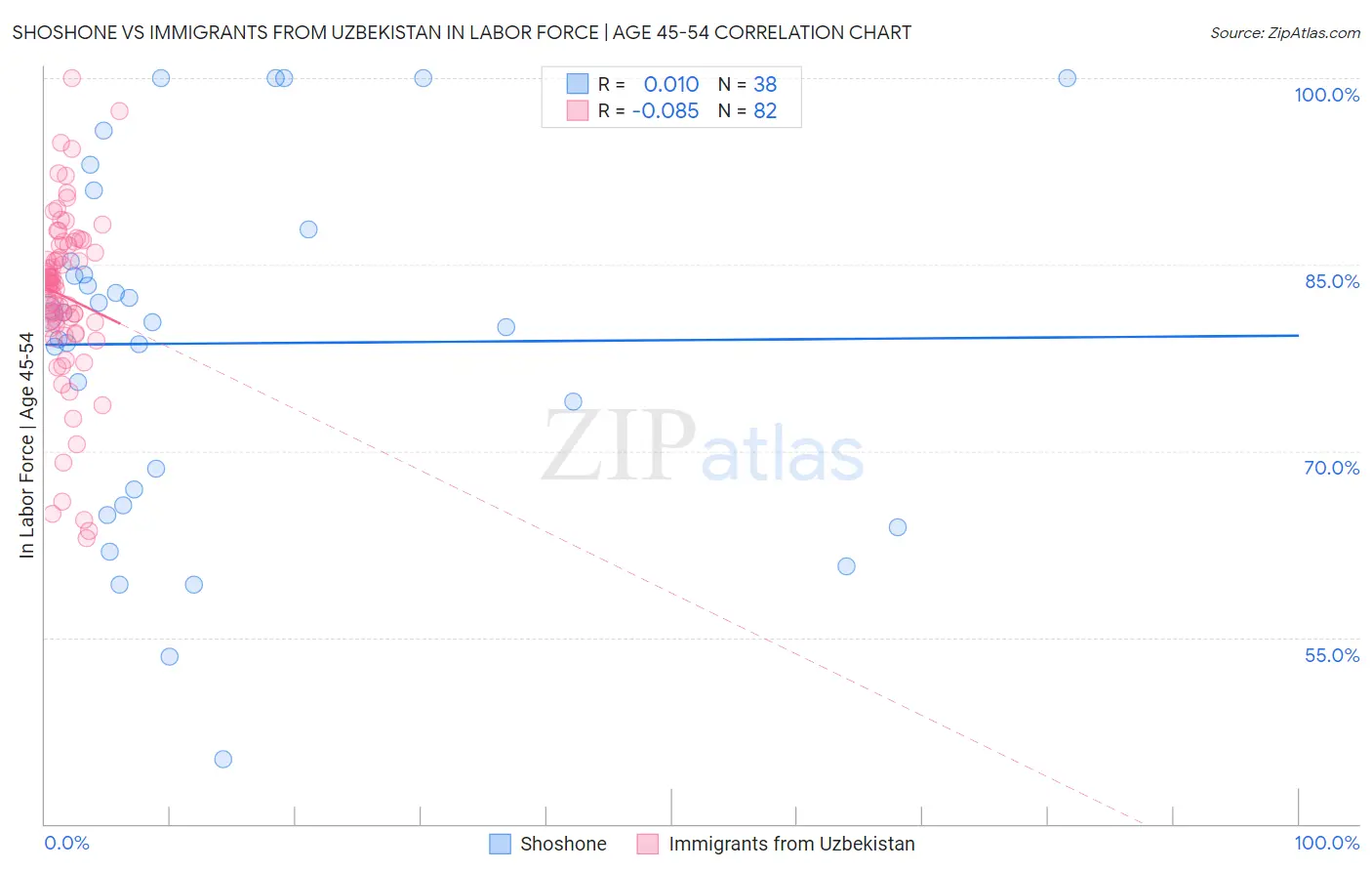 Shoshone vs Immigrants from Uzbekistan In Labor Force | Age 45-54