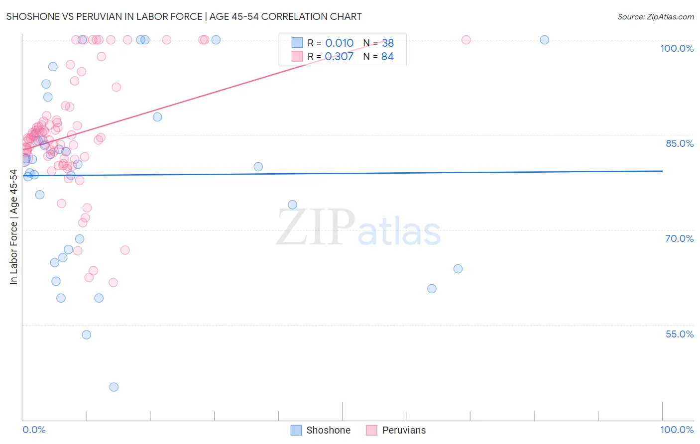 Shoshone vs Peruvian In Labor Force | Age 45-54