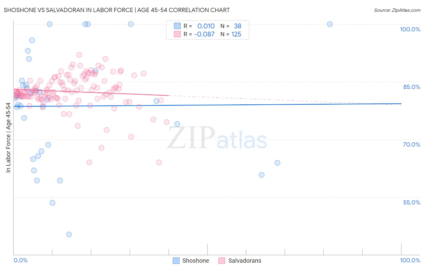 Shoshone vs Salvadoran In Labor Force | Age 45-54