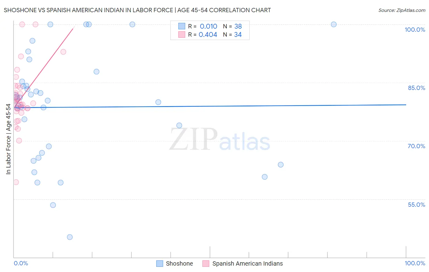 Shoshone vs Spanish American Indian In Labor Force | Age 45-54
