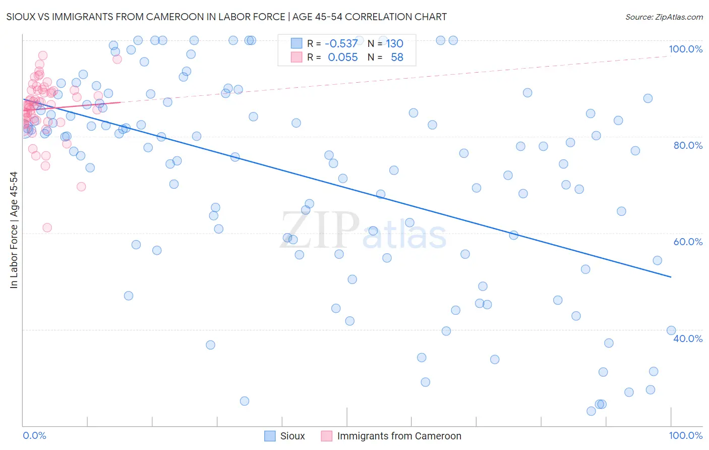 Sioux vs Immigrants from Cameroon In Labor Force | Age 45-54