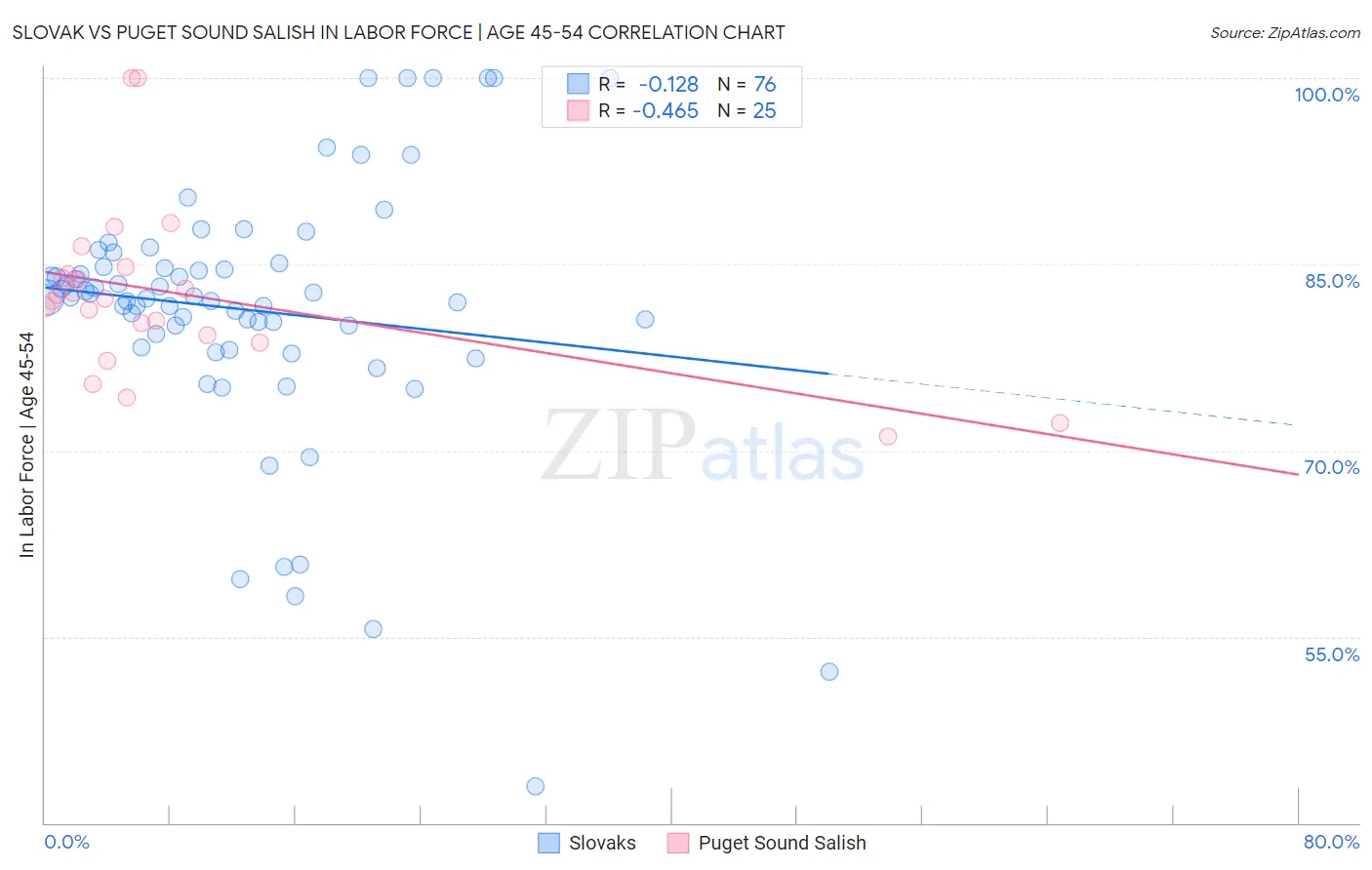 Slovak vs Puget Sound Salish In Labor Force | Age 45-54