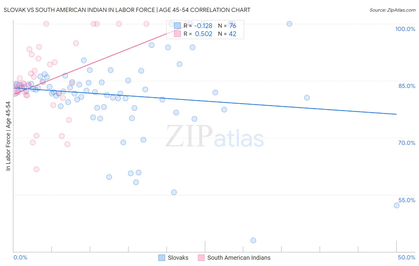 Slovak vs South American Indian In Labor Force | Age 45-54