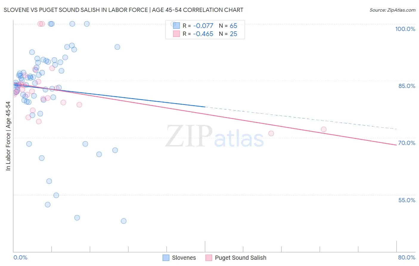 Slovene vs Puget Sound Salish In Labor Force | Age 45-54