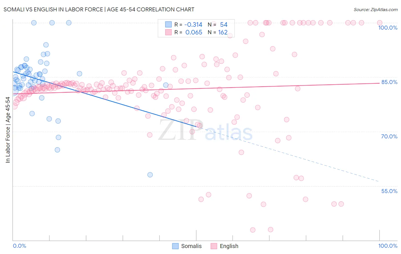 Somali vs English In Labor Force | Age 45-54