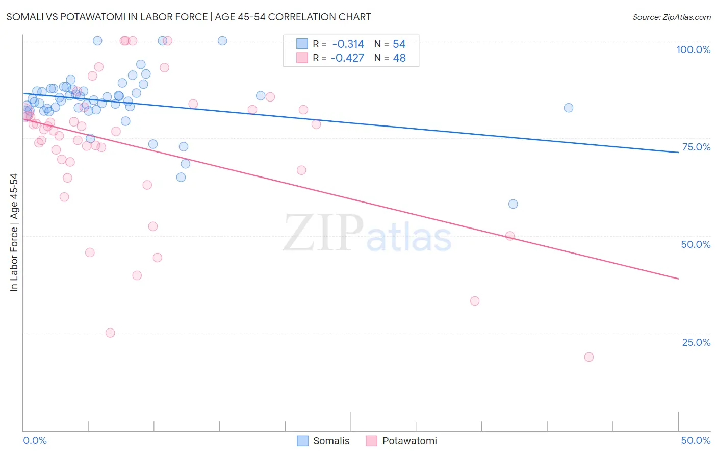 Somali vs Potawatomi In Labor Force | Age 45-54