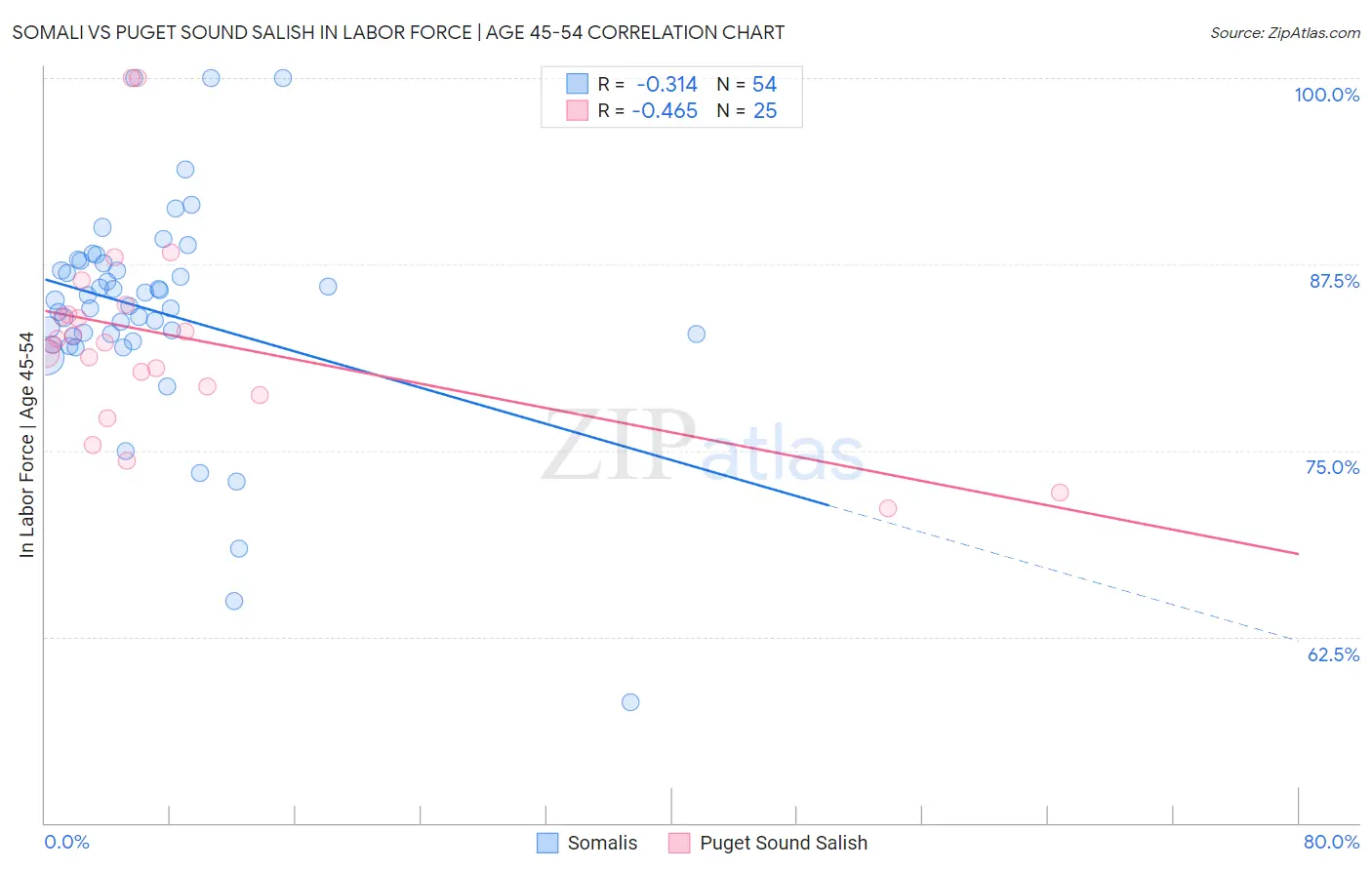 Somali vs Puget Sound Salish In Labor Force | Age 45-54