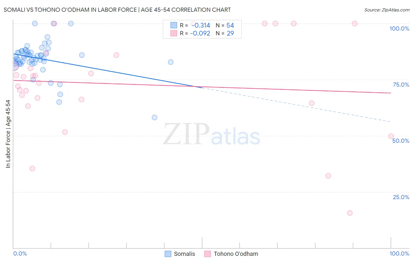 Somali vs Tohono O'odham In Labor Force | Age 45-54