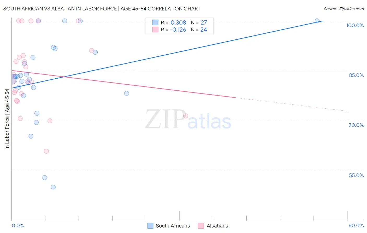 South African vs Alsatian In Labor Force | Age 45-54