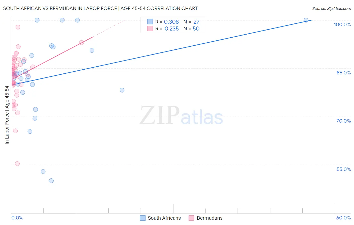 South African vs Bermudan In Labor Force | Age 45-54