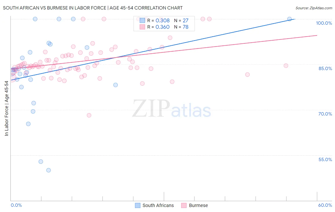 South African vs Burmese In Labor Force | Age 45-54