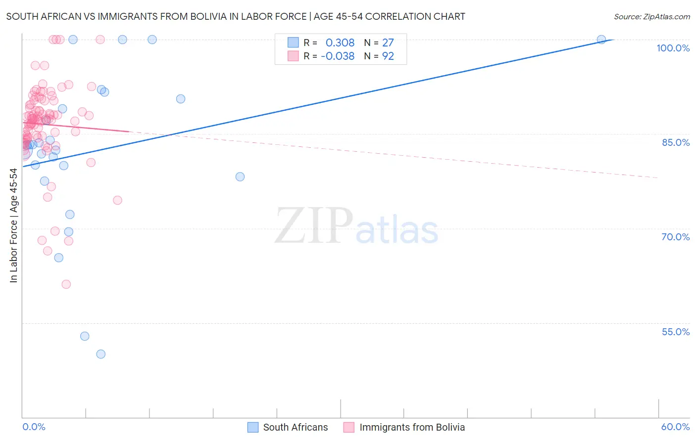 South African vs Immigrants from Bolivia In Labor Force | Age 45-54