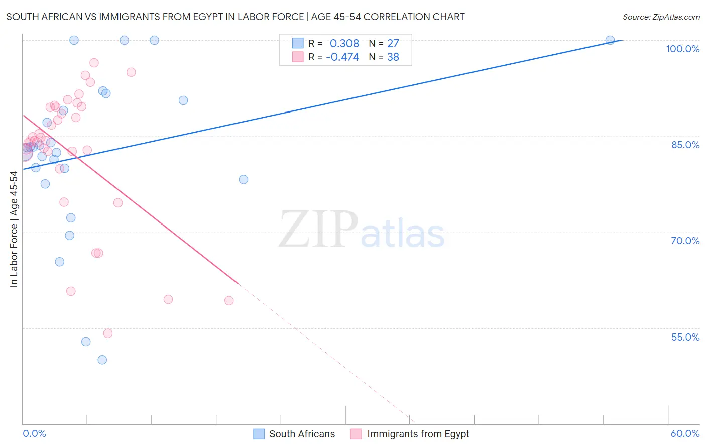 South African vs Immigrants from Egypt In Labor Force | Age 45-54
