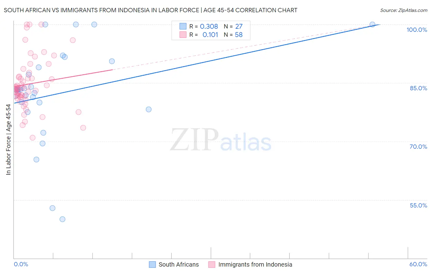 South African vs Immigrants from Indonesia In Labor Force | Age 45-54