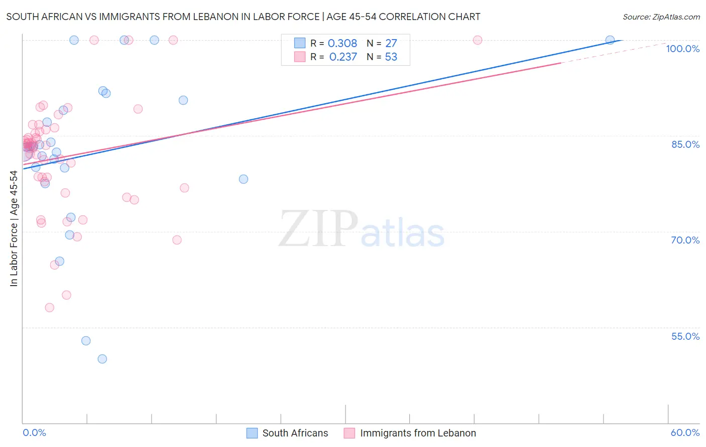South African vs Immigrants from Lebanon In Labor Force | Age 45-54
